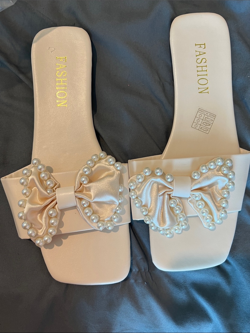 Slide Sandals with Satin Bows accented by Faux Pearls in Creamy Blush.